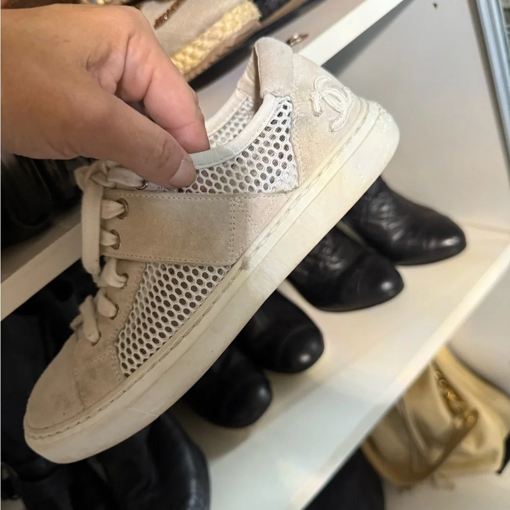 Women's Chanel Cream Lace-Up Sneakers